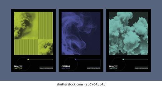 Dynamic vector set, cloud, smoke, and halftone dotted screens in three color variations – perfect for brochures, annual reports, flyers, and book cover templates.