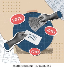 Un Vector dinámico que muestra una estrategia de participación en el voto con las manos, dinero en efectivo y un texto animado que promueve la importancia del voto.