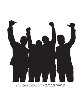 Una silueta de Vector dinámica de un equipo de negocios corporativos saltando y animando en celebración. Grupo de hombres y mujeres profesionales levantando armas para simbolizar el logro, la victoria y el trabajo en equipo exitoso