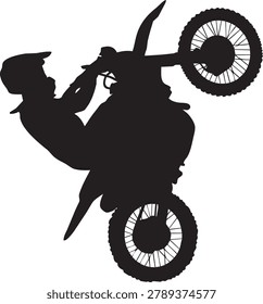 Dynamic vector silhouette illustration of a motocross rider performing an exciting wheelie stunt, embodying the thrill of extreme sports and action.