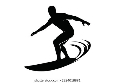 Dynamic vector silhouette of surfer riding large ocean wave, illustrating water sport. Represents surfing competition, beach lifestyle, and exhilarating ocean recreation.