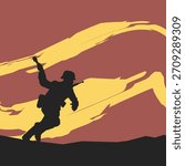 Dynamic vector silhouette of a WW2 soldier running across a battlefield with bold, abstract brushstroke elements in the background. Perfect for action, war-themed designs, poster art, and tactical 