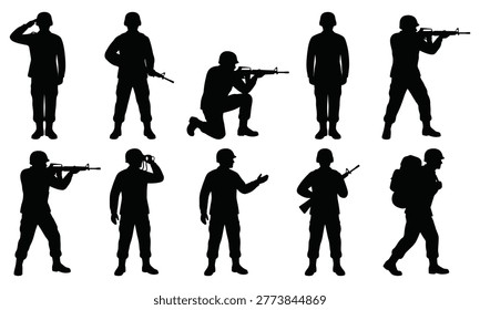 Dynamic vector silhouettes of soldiers performing various military actions, including saluting, aiming, and carrying gear, representing active service and training.