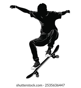 A dynamic vector of a skateboarding silhouette, capturing movement and style, ideal for sports-themed designs, apparel graphics, or branding. Fully editable for versatile creative use