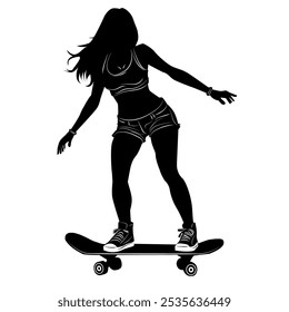 A dynamic vector of a skateboarding silhouette, capturing movement and style, ideal for sports-themed designs, apparel graphics, or branding. Fully editable for versatile creative use