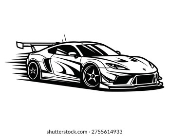 Dynamic vector a sleek sports car with a large spoiler depicted in motion with speed lines. Isolated on white