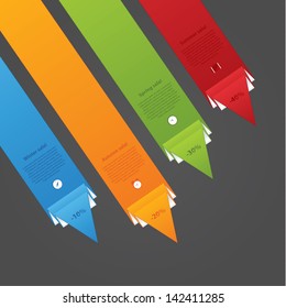 Dynamic vector template. Folded paper arrows with much space for your content. Four different colors. Fou choices, levels, variations. Clear and modern design, elements for your presentation.