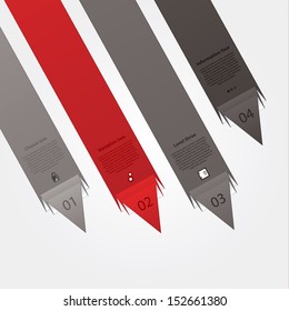 Dynamic vector template. Folded paper arrows with place for your content. Four different colors. Four choices, levels, variations. Clean modern style.
