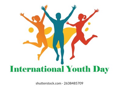 Dynamic vector of youth silhouettes jumping with raised hands on a colorful abstract background. Celebrates energy, freedom, and unity. Perfect for International Youth Day designs and events.
