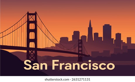 Uma ilustração dinâmica em estilo vetorial do horizonte de São Francisco com a Ponte Golden Gate, apresentando a beleza costeira da cidade e bonecos icônicos