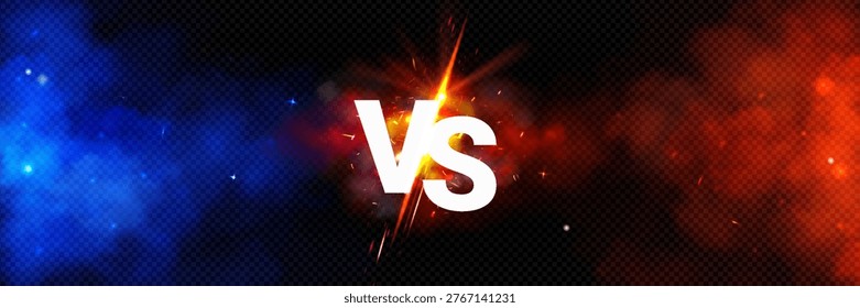 Dynamic versus background with blue and red smoke effect, fiery flare. Abstract vector vs banner with epic battle atmosphere and flash for sport competition and gaming posters
