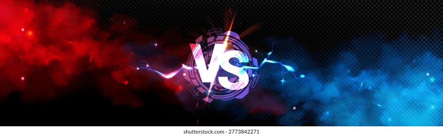  Dynamic versus background with blue and red smoke effect, neon electric lightning. Abstract vector vs banner with epic battle atmosphere for sport competition and gaming posters