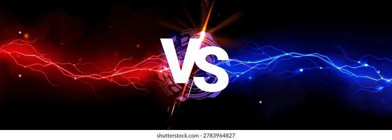  Dynamic versus background with blue and red smoke effect, neon electric lightning. Abstract vector vs banner with epic battle atmosphere for sport competition and gaming posters