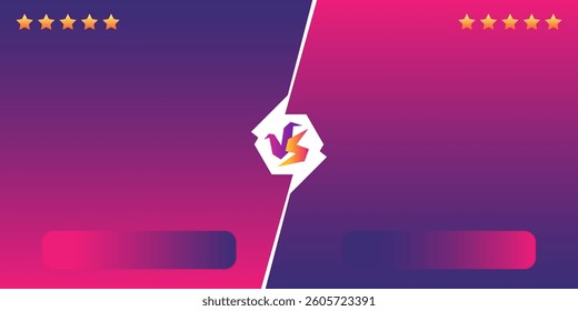 Dynamic versus battle banner vector with yellow star rating on pink purple gradient background