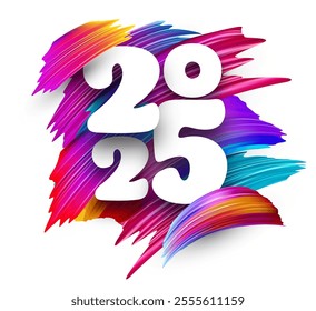 Dynamic vertical 2025 typography layered on vibrant multicolor brush strokes. Vector illustration.