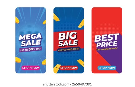 Dynamic vertical banners for Mega Sale, Big Sale, and Best Price offers. Eye-catching colors and bold text, ideal for mobile ads, social media, and e-commerce campaigns.