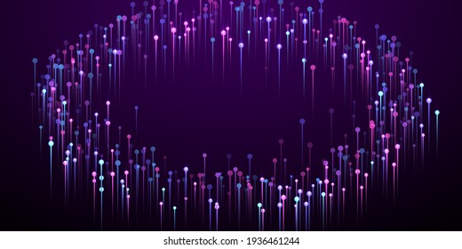 Dynamic vertical line beams data flows vector. Geometric neon purple electronic particles. Information technology lines shift up visual wallpaper. Data flows cool backdrop.