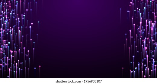 Dynamic vertical line rays fiber optics vector. Geometric neon purple luminous elements. Electronic technology lines movement innovative pattern. Fiber optics compound backdrop.