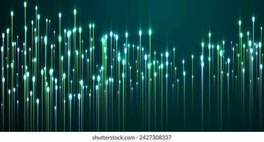 Dynamisches Konzept für vertikale Lichtstrahlen in Faseroptiken. Geometrische neonteale Flash-Partikel. Elektronische Technologie vertikale Linien visuelle Tapete. Faseroptik-Verbundhintergrund.