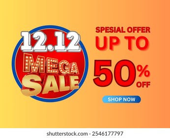 Imagen promocional 12.12 Mega Sale dinámica y vibrante que destaca una oferta especial de hasta el 50% de descuento. Perfecto para promociones de compras en línea y descuentos de temporada.