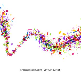 Ein dynamisches und lebendiges abstraktes Bild, das eine Explosion farbenfroher geometrischer Formen vor weißem Hintergrund darstellt und ein Gefühl von Bewegung und Energie erzeugt.