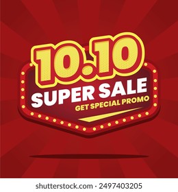 Dynamic and vibrant banner design features a bold red background with striking yellow and white text, promoting a 10.10 Super Sale with a special promo. Perfect for advertising limited-time offers 