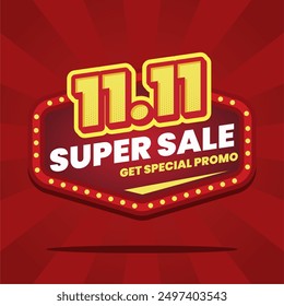 Dynamic and vibrant banner design features a bold red background with striking yellow and white text, promoting a 11.11 Super Sale with a special promo. Perfect for advertising limited-time offers 