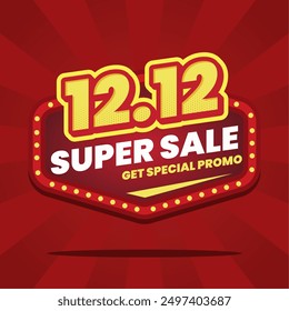 El diseño de Anuncio dinámico y vibrante presenta un fondo rojo llamativo con un texto amarillo y blanco llamativo, que promueve una Super Sale 12.12 con una promoción especial. Perfecto para la publicidad de ofertas de tiempo limitado 