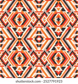 A dynamic and vibrant geometric pattern inspired by tribal designs, featuring warm tones of red, orange, and black. Suitable for textiles, wallpapers, and various creative projects