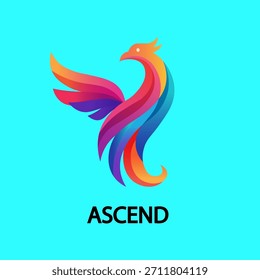 A dynamic and vibrant logo for 'Ascend', showcasing a stylized phoenix bird in a beautiful gradient of colors on a bright cyan background.