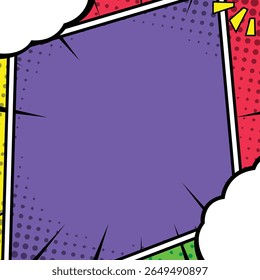 Dynamic and vibrant pop art comic book style background with a central purple panel for text or images. Features bold outlines, halftone patterns on red and yellow border sections, and jagged lines fo