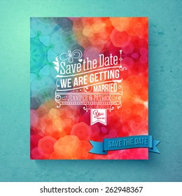 Dynamic vibrant Save The Date wedding invitation template with decorative white text over a festive bokeh in shades of blue and orange with a textured graduated blue background, vector illustration