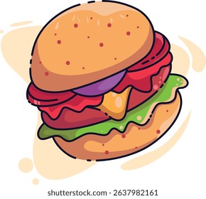 A dynamic and vibrant set of fast food icons illustrated in a classical hand-drawn sketch style. 
