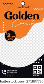 Una Plantilla publicitaria de Vertical dinámica y vibrante con Formas naranjas y negras audaces, perfecta para promocionar ofertas especiales de alimentos y bebidas. El diseño incluye espacio para un logotipo