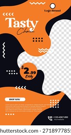 Eine dynamische und lebendige vertikale Werbevorlage mit kräftigen orangefarbenen und schwarzen Formen, die perfekt für die Werbung für Speisen und Getränke geeignet ist. Das Design bietet Platz für ein Logo