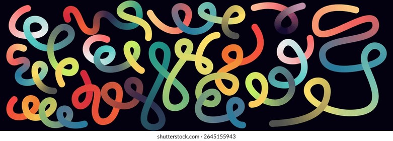 Línea ondulada dinámica y vibrante forma de Ilustración vectorial que fluye líneas aisladas sobre fondo oscuro. Ideal para fondos, carteles, tarjetas y diseños de movimiento fluido digital.