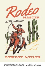 A dynamic vintage illustration of a cowboy performing a lasso trick on horseback, set against a desert background with cacti, evoking the spirit of rodeo action and frontier adventure.