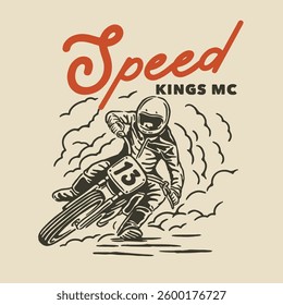 A dynamic vintage illustration of a motorcycle racer in a fast-paced drift, kicking up dust on a racing track. A retro-inspired speed and adrenaline concept.