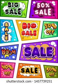 Dynamic vintage, illustration, set. Special offer, comic inscriptions about SALE in a flat comic style.