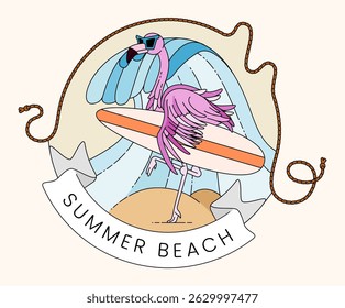 Dynamic vintage line illustration of a flamingo surfing waves on a sunny summer beach holiday, capturing adventurous tropical vibes. Perfect for summer cards, posters, websites, merchandise, decor