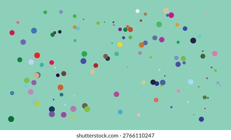 A dynamic and visually engaging abstract image featuring a random distribution of multicolored dots in varying sizes against a light teal backdrop. The dots exhibit a wide spectrum of colors,.