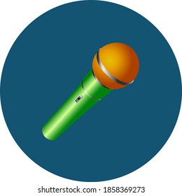 Dynamic vocal microphone on a round steel blue background. Vector flat illustration.