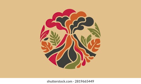 Dynamic volcano graphic with smoke and jungle foliage. Vibrant colors for travel and geological themes.