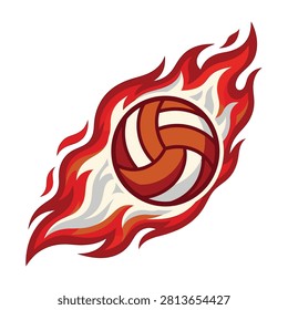 Dynamic volleyball ball surrounded by bright orange and red fire flames. A powerful sports emblem representing speed, energy, passion, and competitive team spirit.
