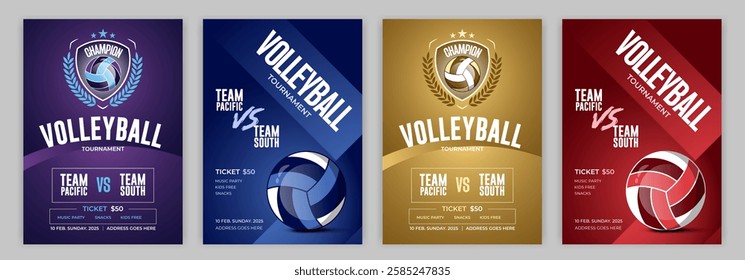 Dynamic Volleyball Championship Tournament poster and flyer template with a realistic volleyball ball, bold typography, energetic colors, and fully editable vector elements. Ideal for sports promotion