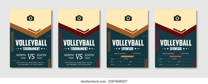 Dynamic Volleyball Championship Tournament poster and flyer template with a realistic volleyball ball, bold typography, energetic colors, and fully editable vector elements. Ideal for sports promotion