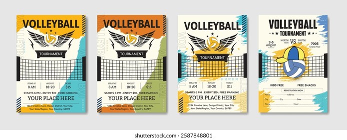 Dynamic Volleyball Championship Tournament poster and flyer template with a realistic volleyball ball, bold typography, energetic colors, and fully editable vector elements. Ideal for sports promotion