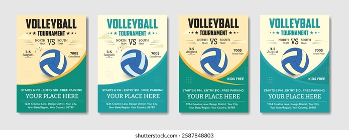 Dynamic Volleyball Championship Tournament poster and flyer template with a realistic volleyball ball, bold typography, energetic colors, and fully editable vector elements. Ideal for sports promotion