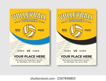 Dynamic Volleyball Championship Tournament poster and flyer template with a realistic volleyball ball, bold typography, energetic colors, and fully editable vector elements. Ideal for sports promotion