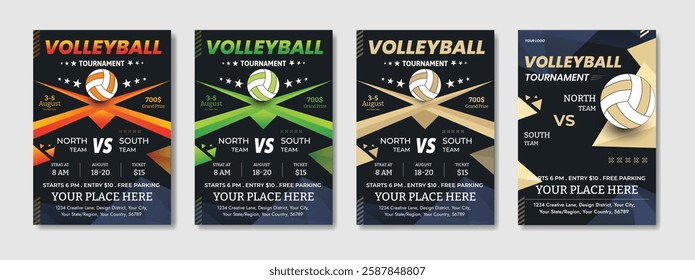 Dynamic Volleyball Championship Tournament poster and flyer template with a realistic volleyball ball, bold typography, energetic colors, and fully editable vector elements. Ideal for sports promotion